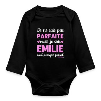 Je ne suis pas parfaite mais je suis Émilie cadeau - Body Bébé bio manches longues - noir - Devant