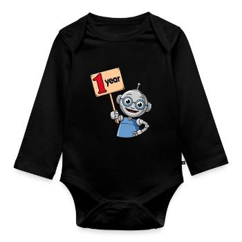 J’ai 1 an premier anniversaire petit robot - Body Bébé bio manches longues - noir - Devant