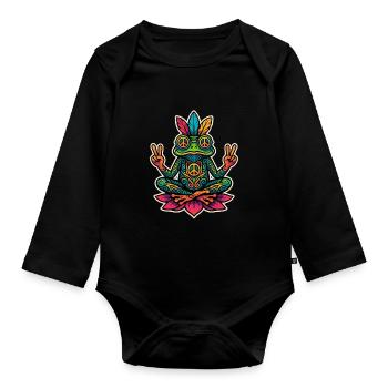 Hippie Frog – Peace & Meditation Design - Organic Longsleeve Baby Bodysuit - black - Front