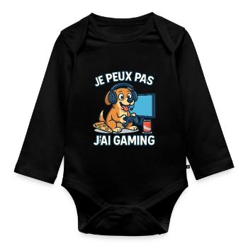 Je peux pas j'ai gaming. Chien geek. - Body Bébé bio manches longues - noir - Devant