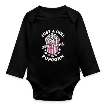 Just a girl who loves Popcorn - knusprig & lecker - Baby Bio-Langarm-Body - Schwarz - Vorne
