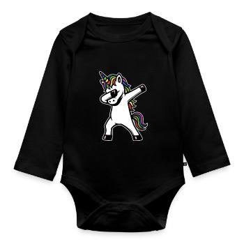 Einhorn dabbing - Regenbogen Farben - Geschenk - Baby Bio-Langarm-Body - Schwarz - Vorne
