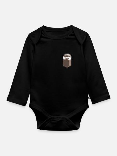 Pocket Tasche Brusttasche Niedlich Igel Hedgehog - Baby Bio-Langarm-Body - Schwarz