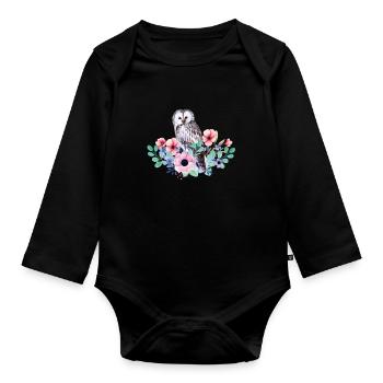 Bird Owl - Organic Longsleeve Baby Bodysuit - black - Front