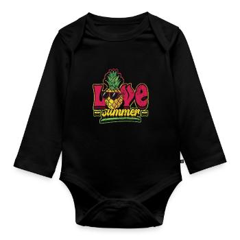Hello Summer Pineapple with Sunglasses - Organic Longsleeve Baby Bodysuit - black - Front