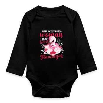 Unterschätze niemals eine Frau, die Flamingo liebt - Baby Bio-Langarm-Body - Schwarz - Vorne