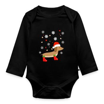 Lustiger Dackel im Winter mit Wiehnachtsmütze - Baby Bio-Langarm-Body - Schwarz - Vorne