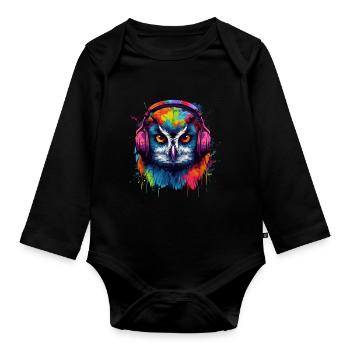 Eule Nachteule Techno Party Tier DJ - Baby Bio-Langarm-Body - Schwarz - Vorne