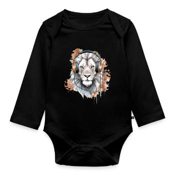 Heko the audiophile lion - Organic Longsleeve Baby Bodysuit - black - Front
