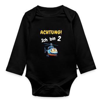 Achtung! Ich bin 2 Hubschrauber Geburtstagsshirt - Baby Bio-Langarm-Body - Schwarz - Vorne