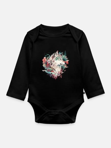 Wolf Wolfskopf Natur Wildnis Abenteuer Wald Kunst - Baby Bio-Langarm-Body - Schwarz