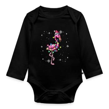 Cute Pink Flamingo Christmas Tree Lights Wrapped - Organic Longsleeve Baby Bodysuit - black - Front