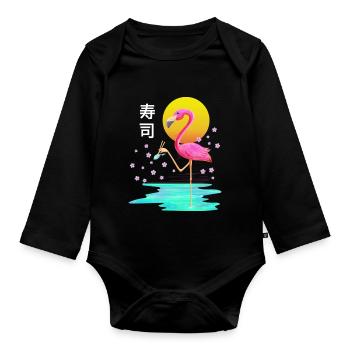 Flamant rose mangeant des sushis Vaporwave esthétique japonais - Body Bébé bio manches longues - noir - Devant