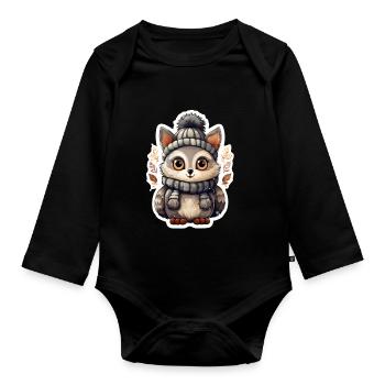 Kuscheltier mit Schal und Mütze - Baby Bio-Langarm-Body - Schwarz - Vorne