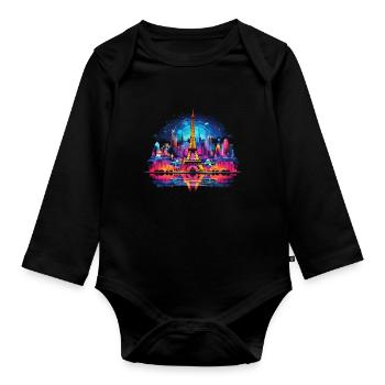 Paris, Eiffel Tower, France, City, Skyline, Night - Organic Longsleeve Baby Bodysuit - black - Front