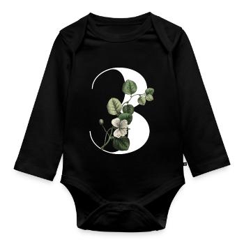 Nummer 3 Blumengrün -3. Blumengeburtstag - Baby Bio-Langarm-Body - Schwarz - Vorne