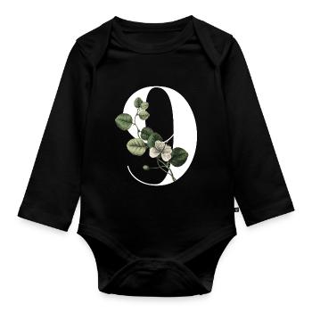 Nummer 9 Blumengrün -9. Blumengeburtstag - Baby Bio-Langarm-Body - Schwarz - Vorne