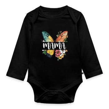 Maman papillon fleurs Meilleure maman Fête des mères - Body Bébé bio manches longues - noir - Devant