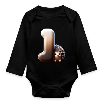 Little hedgehog snuggles up to the letter J - Organic Longsleeve Baby Bodysuit - black - Front