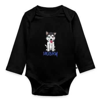Niedliche Cartoon Tiere - Husky - Baby Bio-Langarm-Body - Schwarz - Vorne