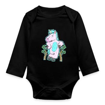 Fluffy Unicorn in the forest Nature Tree Gift - Organic Longsleeve Baby Bodysuit - black - Front