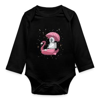 Astronaut on flamingo with umbrella - Organic Longsleeve Baby Bodysuit - black - Front