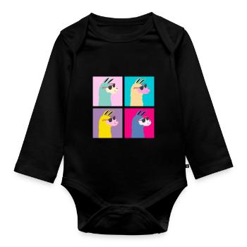 Vier 4 Lama Old School Neon Tiere Geschenk - Baby Bio-Langarm-Body - Schwarz - Vorne