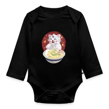 Katze isst Nudeln - Baby Bio-Langarm-Body - Schwarz - Vorne