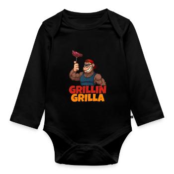 Funny Grillin Grilla Gorilla Steak Barbecue - Organic Longsleeve Baby Bodysuit - black - Front