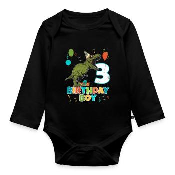 3 Year Old Kids Birthday Boy Party T Rex Dinosaur - Organic Longsleeve Baby Bodysuit - black - Front