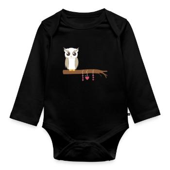 Eule - Uhu - Kauz - Eulen T-Shirt - Herzen - Baby Bio-Langarm-Body - Schwarz - Vorne