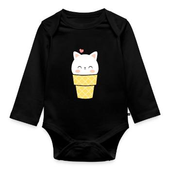 Crème glacée T-Shirt Chats Crème glacée Cône Mignon Chat Idée cadeau - Body Bébé bio manches longues - noir - Devant
