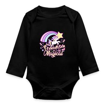 Le féminisme est magique comme un cadeau de licorne - Body Bébé bio manches longues - noir - Devant