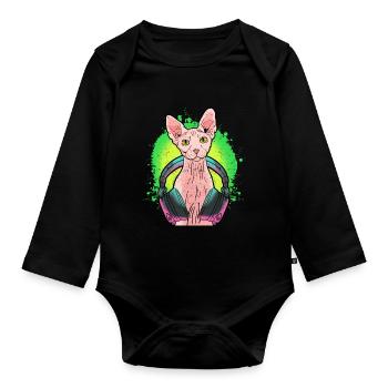 Sphynx Katze Kitten Kopfhörer Musik Geschenk - Baby Bio-Langarm-Body - Schwarz - Vorne