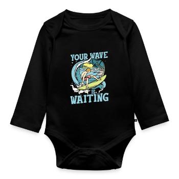 Deine Welle wartet I Surfer & Strand mit Palmen - Baby Bio-Langarm-Body - Schwarz - Vorne
