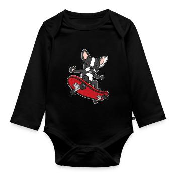 Boston Terrier dog skater skateboard gift - Organic Longsleeve Baby Bodysuit - black - Front