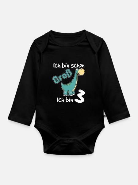 Kids 3rd Birthday Shirt Dino Pojkar 3 år - Ekologisk långärmad babybody - svart