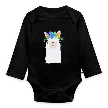 Alpaga avec des fleurs - Body Bébé bio manches longues - noir - Devant