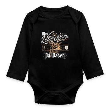 Mei Lederhosn is in da Wäsch Hirsch Lederhose - Baby Bio-Langarm-Body - Schwarz - Vorne