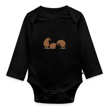 Two kiwi birds with a kiwi fruit - Organic Longsleeve Baby Bodysuit - black - Front