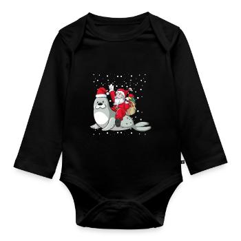 Santa reitet Robbe Seehund Ugly Christmas Zoo Tier - Baby Bio-Langarm-Body - Schwarz - Vorne