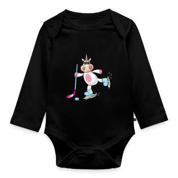 Joueur de hockey sur glace licorne enfant sport d'hiver magique - Body Bébé bio manches longues - noir - Devant