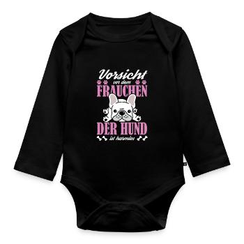 Vorsicht vor dem Frauchen der Hund ist harmlos Ges - Baby Bio-Langarm-Body - Schwarz - Vorne