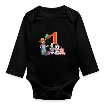 Bauer und Farmtiere - 1 Jahre Kindergeburtstag - Baby Bio-Langarm-Body - Schwarz - Vorne