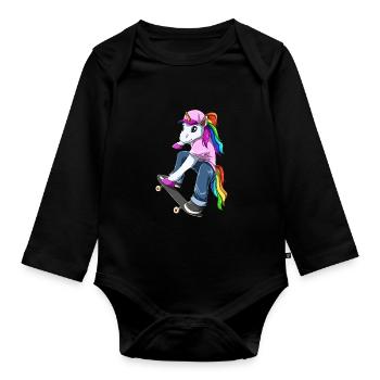 Unicorn on skateboard - unicorn skater - Organic Longsleeve Baby Bodysuit - black - Front