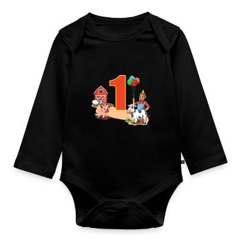 Bauernhof und Tiere - 1 Jahre Kindergeburtstag - Baby Bio-Langarm-Body - Schwarz - Vorne