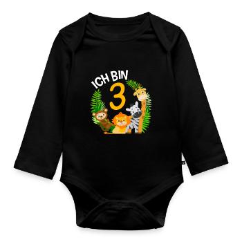 3. Geburtstag Geburtstagsshirt Dschungel Dritter - Baby Bio-Langarm-Body - Schwarz - Vorne