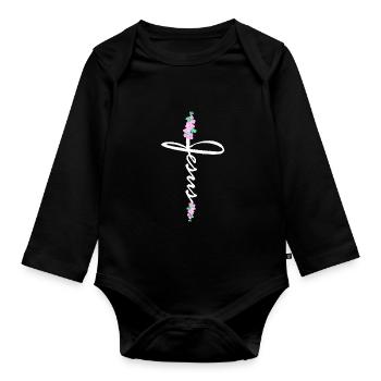Jesus cross lettering with flowers - Organic Longsleeve Baby Bodysuit - black - Front