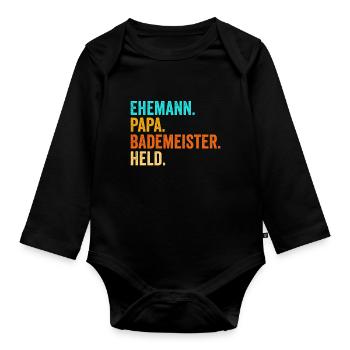 Bademeister Papa Held Schwimmen Rettungsschwimmer - Baby Bio-Langarm-Body - Schwarz - Vorne