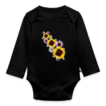 Vrille de fleurs avec tournesols, marguerites, fleurs - Body Bébé bio manches longues - noir - Devant